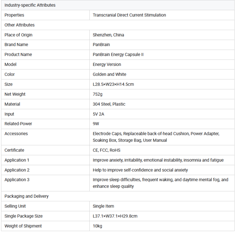 PanBrain Energy Capsule II Energy Version product specifications