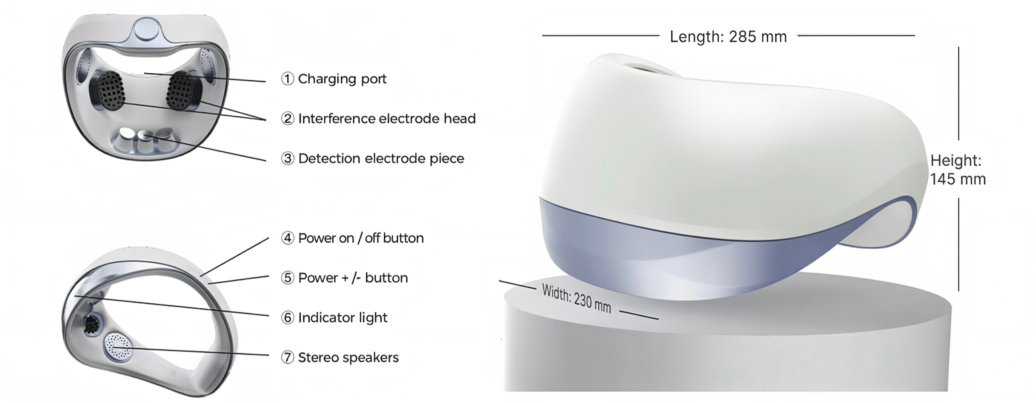 PanBrain EC2 controls, electrode components, speakers, and device dimensions